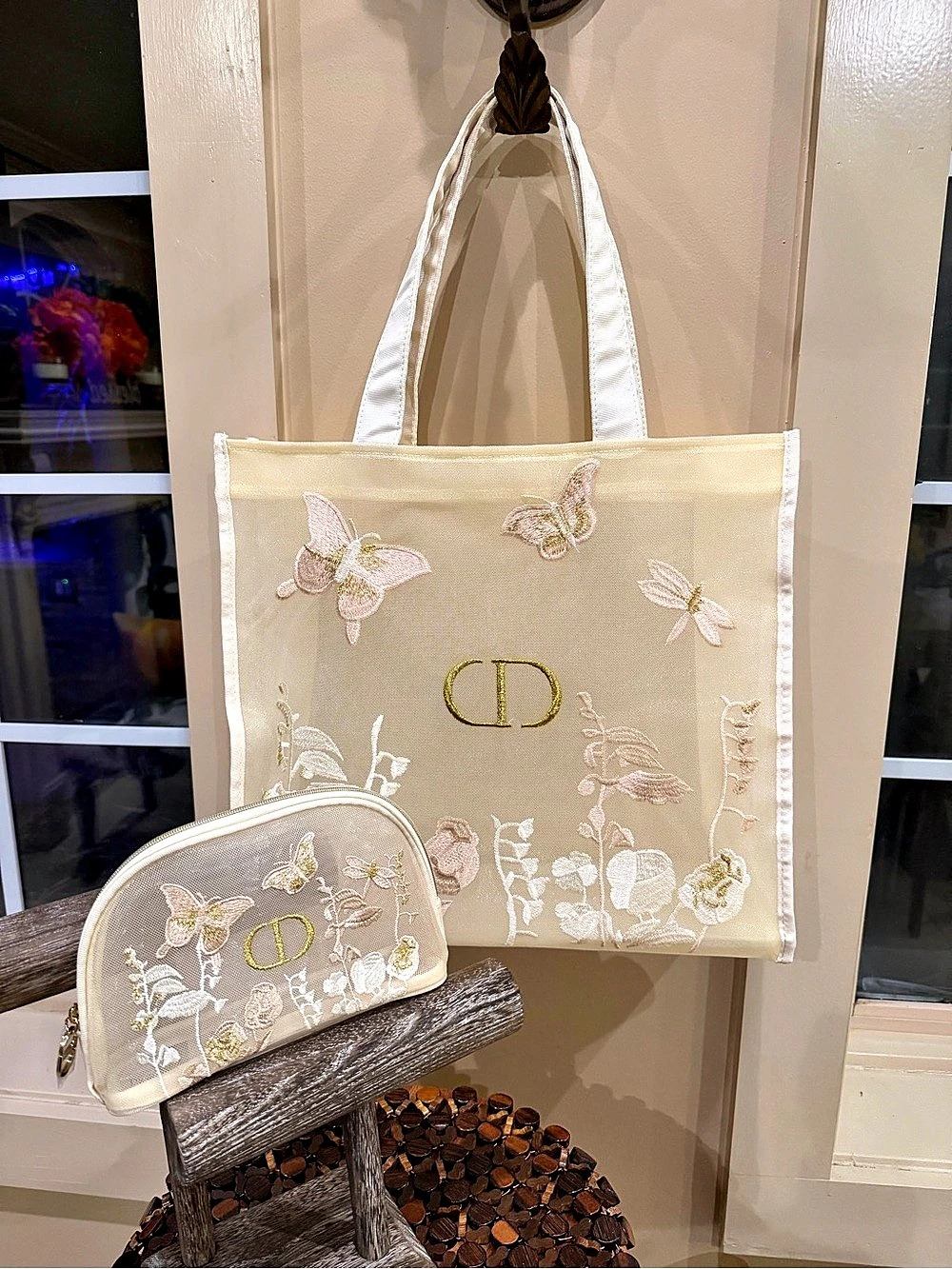 Christian Dior Butterfly Floral Mesh Embroidered Tote Cosmetic Pouch GWP Set New